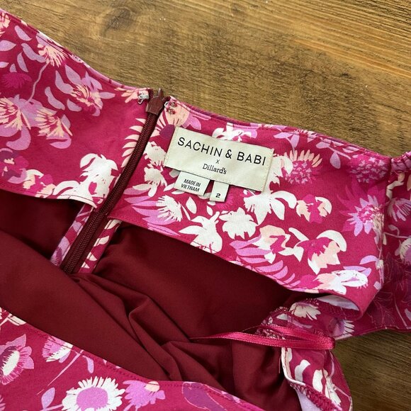 Sachin & Babi Pink Floral Ruched Midi Dress Womens Size 2 Ruffle Flutter Sleeve - Picture 4 of 11